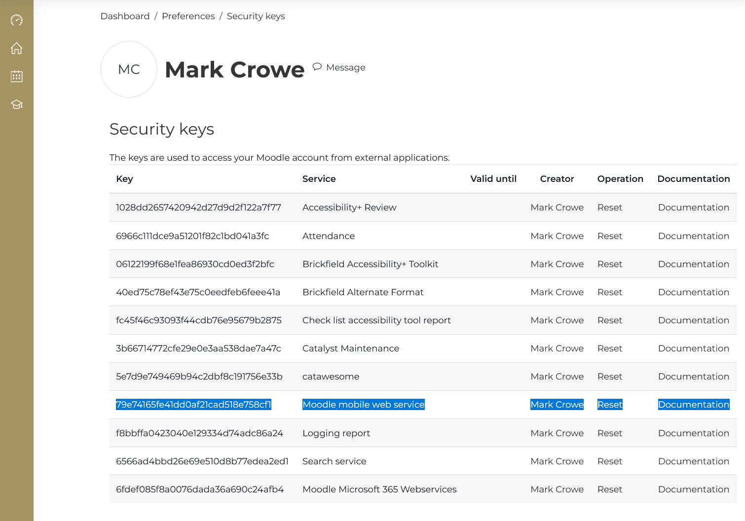 Moodle Security Keys Screenshot